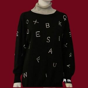 VTG BONNIE BOERER Black Silver Metallic Alphabet Turtleneck Sweater